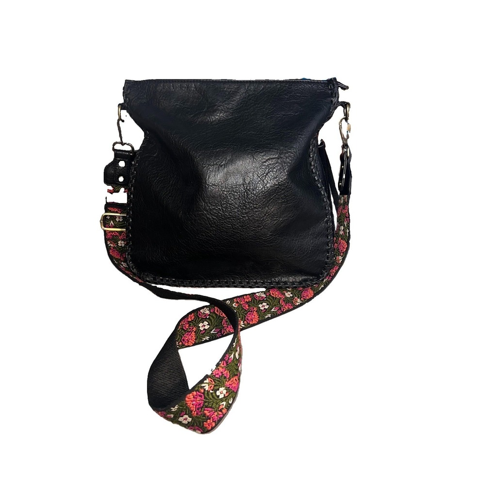 ANTIK KRAFT Black Vegan Faux Leather Whipstitch Wide Floral‎ Crossbody Strap Bag